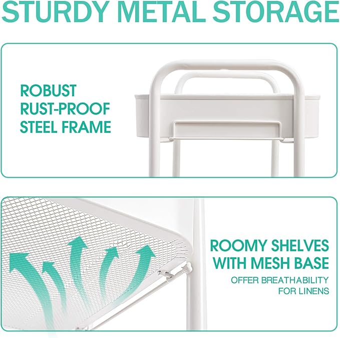 TOOLF 3-Tier Metal Rolling Cart with Wheels, Storage Utility Organizer Cart for Kitchen, Bathroom, Office, Baby Essentials & Makeup - Lockable Casters, Easy Assembly, Large Capacity, White