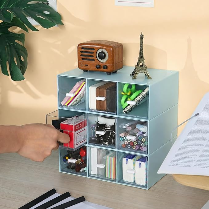 Desktop Drawers, Desk Organizer with 6 Drawers, Stackable Plastic Storage Box for Home Collection, Cosmetics, Jewelry, Office Supplies (2 Tall Layers, Blue)