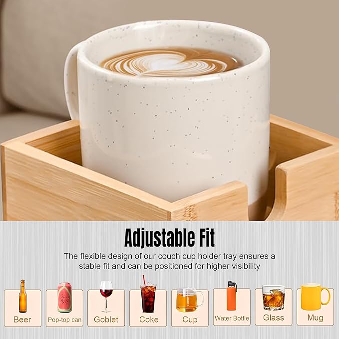 Adjustable Bamboo Couch Cup Holder (Fits 4.5” to 14” Arms) - Foldable Non-Slip Bamboo Sofa Armrest Tray - Detachable Sofa Arm Tray Couch Caddy with Cup Holder for Drinks, Phone, Remote, Snacks