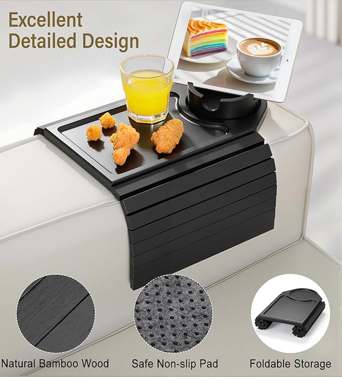 Couch Arm Tray, Bamboo Sofa Table for Couch, Sofa Arm Tray with Cup Holder, Non-Slip Armrest Organizer for Drink, Cup, Snack, Control, Easy to Clean, Black