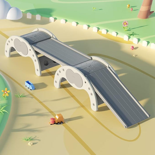 Children's Indoor Climbing Slideway Swing Playground 4-in-1 Function: Slide, Rock Climbing, Balance Board and Cradle Safe and Solid Montessori Toys White（2 Climbing Frame+2 Sliding Plate）