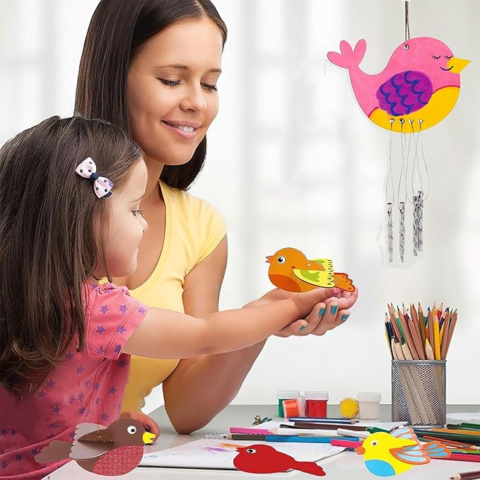 4pcs DIY Wooden Bird Wind Chime Crafts for Kids with Paint Kit Rhinestone Flower Stickers Summer Arts and Crafts for Kids 3 and Up