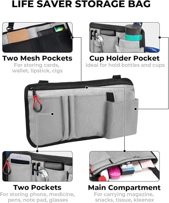 JOYTUTUS Walker Side Bag, Wheelchair Armrest Storage Pouch with Cup Holder, Wheelchair Accessories for Seniors, Walker Bag Cup Holder for Walker, Rollator, Electric Scooter or Wheelchair