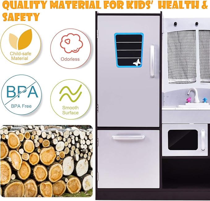 ARLIME Kids Kitchen Playset, Wooden Toy Toddler Kitchen w/Sink, Stovetop, Microwave, Refrigerator, Large Cabinets, Pretend Play Kitchen for Boys Girls