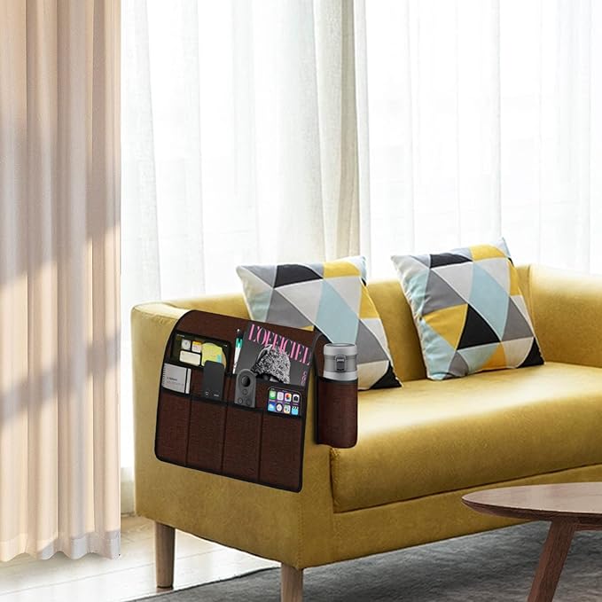 Ntomtuex Sofa Armchair Caddy Remote Control Holder with Water Bottle for Couch Recliner, Armrest Organizer with 7-Pocket Design for Magazines, Eyeglasses, iPad, Phone, Chocolate