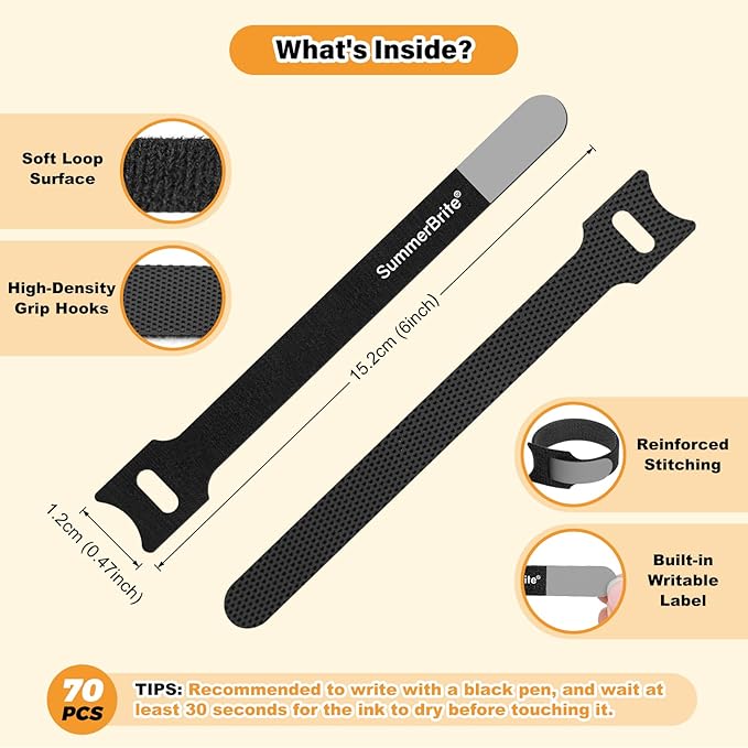 SummerBrite 70 Pack Black Cable Ties 6 Inch with Writable Labels, Reusable Cable Management Straps, Hook and Loop Cord Organizer for Home Office, PC Desk Setup, Electronics & Travel Wire Management