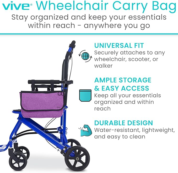 Vive Wheelchair Carry Bag - Arm Rest Pouch for Rollator, Walkers, Power Wheel Chairs and Knee Scooters - Side Storage Organizer for Elderly, Seniors, Adults (Purple)