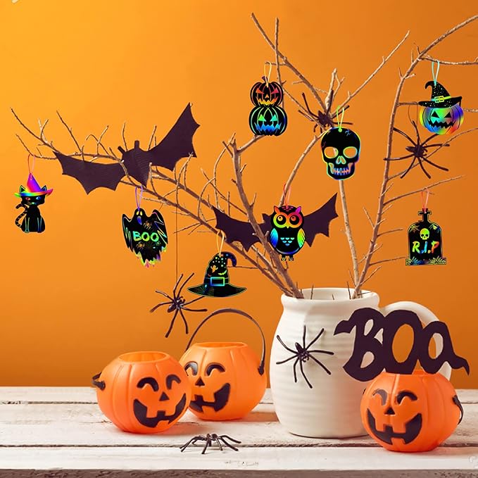 48PCS Halloween Craft Kit for Kids - Magic Scratch Off Cards Paper Hanging Halloween Ornaments Set with 24pcs Wooden Stylus 48pcs Cords for Halloween Party Favor, Art Craft Supplies