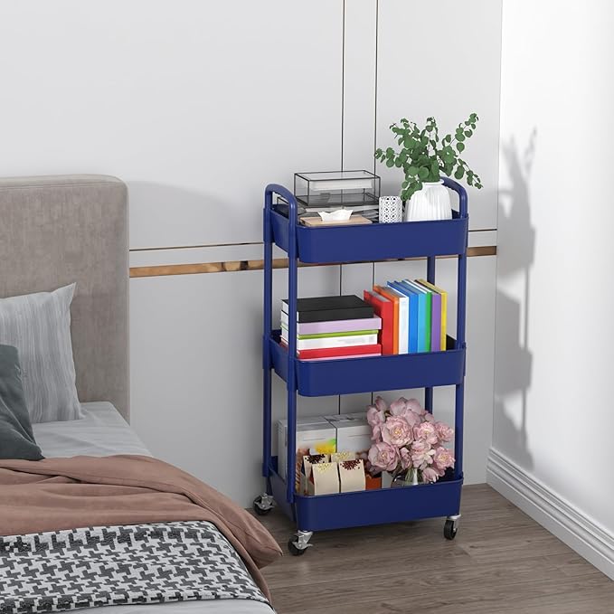 Sywhitta 3-Tier Plastic Rolling Utility Cart with Handle, Multi-Functional Storage Trolley for Office, Living Room, Kitchen, Movable Storage Organizer with Wheels, Blue