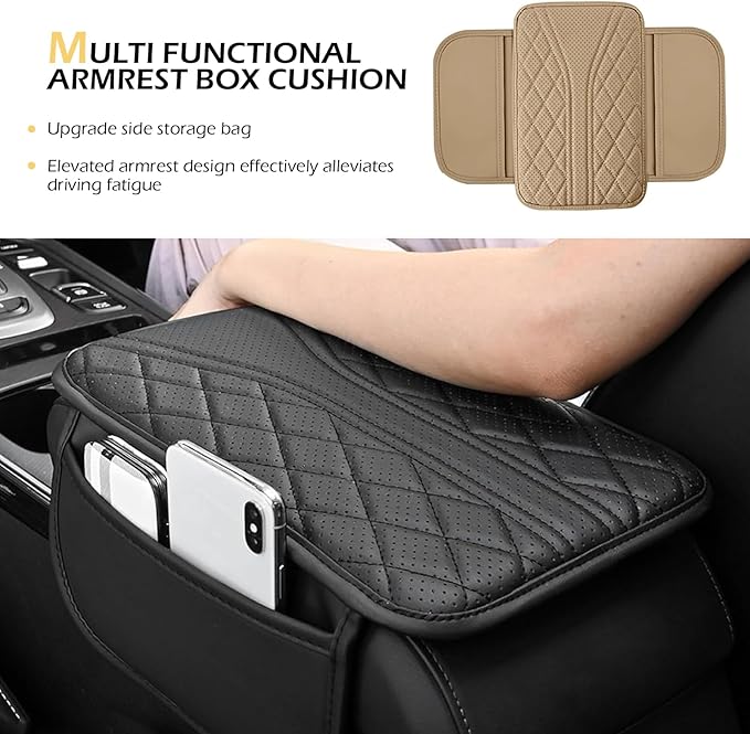 Bawkars Car Center Console Cover, Leather Vehicle Armrest Protector Cushion with 2 Side Storage Bags, Auto Breathable Middle Interior Accessories, Universal for SUV, Sedan, Truck (Beige)