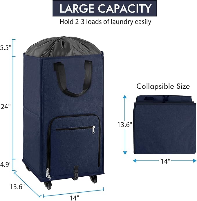 Bukere Large Rolling Laundry Basket, Laundry Hamper with Wheels, 4 Casters and 2 Handles, Collapsible Freestanding Wheeled Laundry Bag for Clothes, Apartment, College
