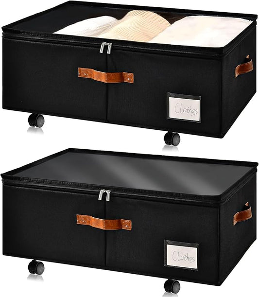 Under Bed Storage Organizer with Wheels, Underbed Container with Clear Lid Cover, Storage Bag Box with Visiable Window for Clothes, Bedsheet, Pillow, 2 Pack