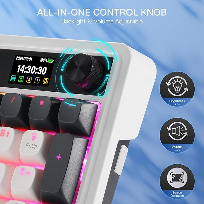 Redragon K719 Wireless Gasket Gaming Keyboard w/Hype Screen & Knob, 95 Keys Mechanical Keyboard, Easy-Control 1.14’’ TFT Info Display, 5-Layer Noise Dampener, Round PBT Keycaps, Mint Mambo Switch