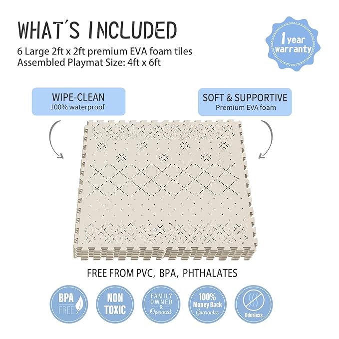Yay Mats Stylish Extra Large Baby Play Mat. Soft, Thick, Non-Toxic Foam Covers 6 ft x 4 ft. Expandable Tiles with Edges Infants and Kids Playmat Tummy Time Mat (Carter Mudcloth Tan)