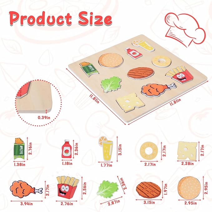 Adena Montessori Wooden Puzzles Play Fake Kitchen Fast Food Toys for Kids 2 3 4 Years Old
