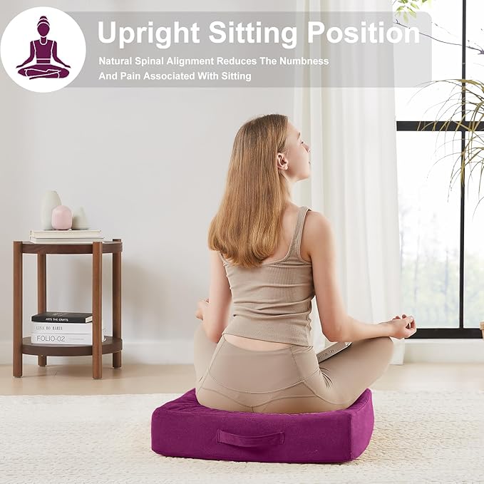 22 inches Floor Pillow for Adults - Large Meditation Cushion with Thick Foam - Premium Outdoor Square Floor Cushion Seat - Yoga Pillow for Sitting On Floor - Purple