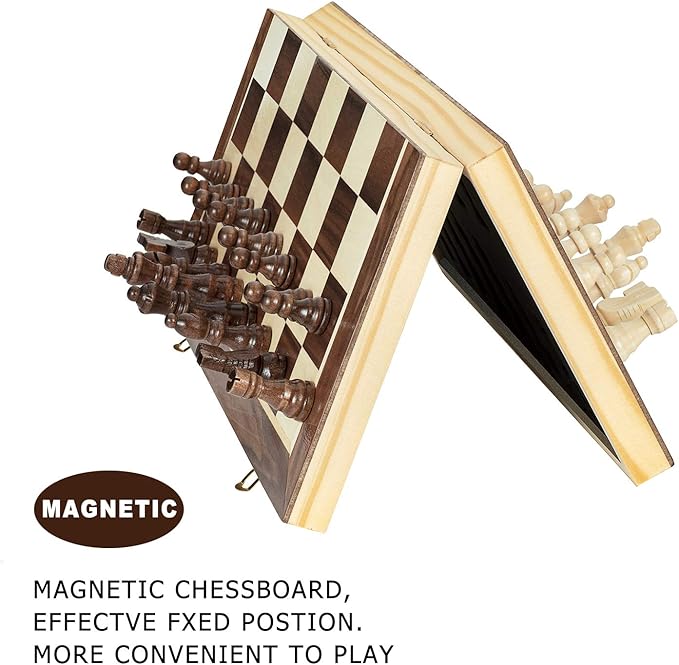 AMEROUS 15 Inches Magnetic Wooden Chess Set - 2 Extra Queens - Folding Board - Pieces Storage Slots, Handmade Portable Travel Chess Game - Beginner Chess Set for Kids, 6 up Age