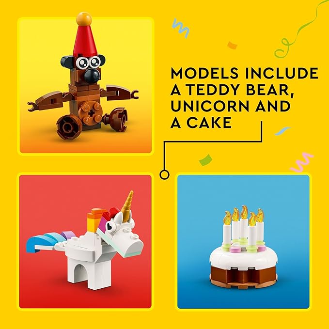Lego Classic Creative Party Box Bricks Set 11029, Family Games to Play Together, Includes 12 Mini-Build Toys: Teddy Bear, Clown, Unicorn, Fun for All Ages 5 Plus