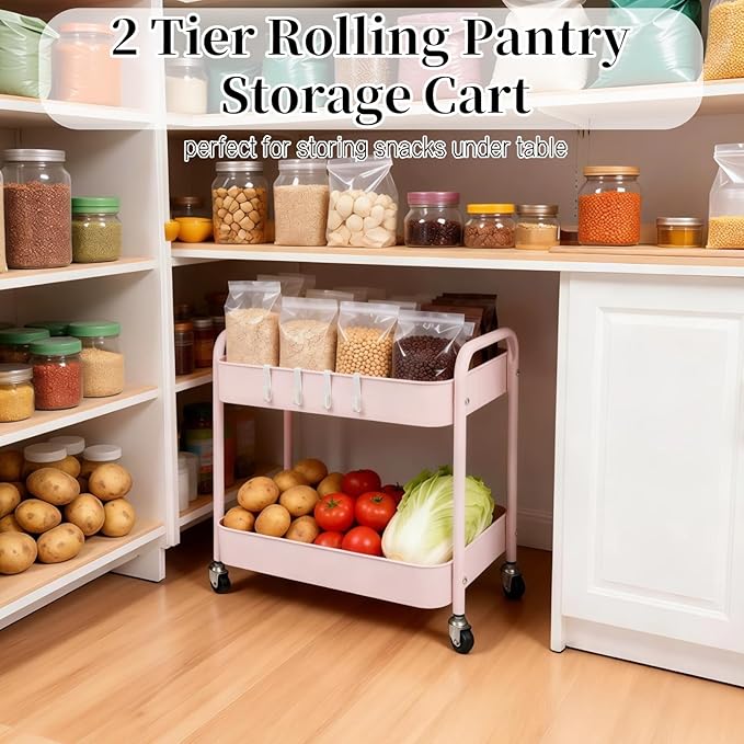 LIWNYRK 2 Tier Pink Rolling Cart with Wheels for Under Desk Storage, Large Capacity Rolling Pantry & Kitchen Storage Cart for Small Space, Sturdy Metal Bathroom Shelf Laundry Room Organization