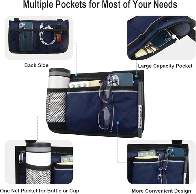 Wheelchair Side Bag, Armrest Storage Pouch with Cup Holder and Reflective Strip for Wheelchairs, Walkers or Rollators (Blue)