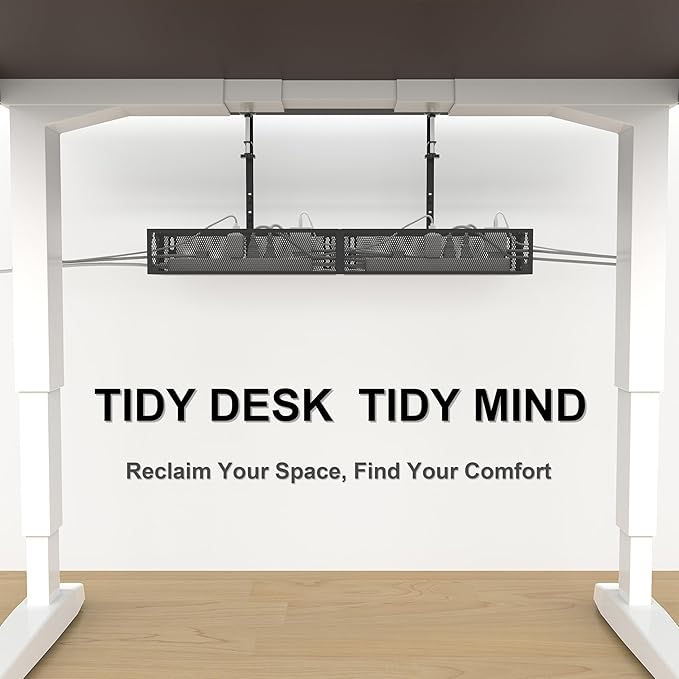 Under Desk Cable Management Tray - No Drill or Screw Mount Option, Heavy Duty Metal Cord Organizer Rack, Power Strip Holder for Office & Home
