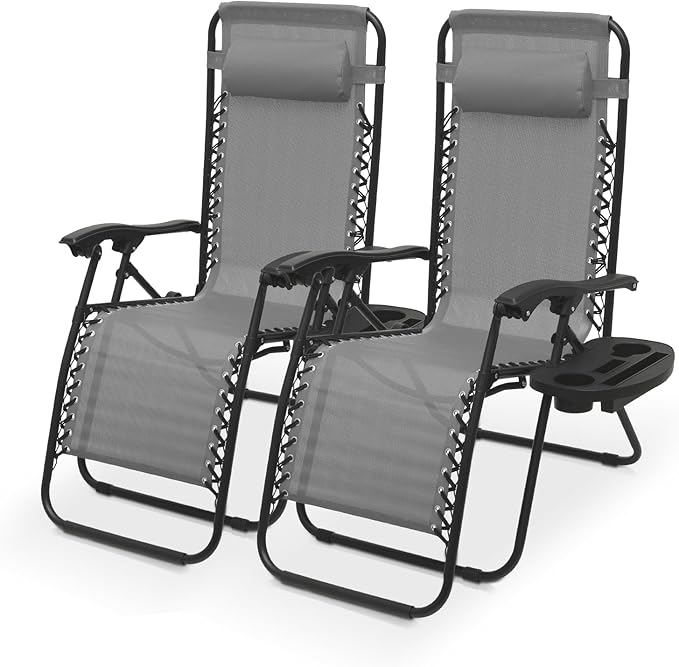 Athena Collection Zero Gravity Outdoor Lounge Chair Set of 2 with Cup Holder, 25" Width Pool Lounge Lawn Chairs Reclining, Outdoor Chaise for Beach Patio Backyard Outside, Grey