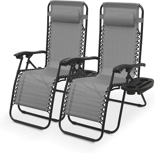 Athena Collection Zero Gravity Outdoor Lounge Chair Set of 2 with Cup Holder, 25" Width Pool Lounge Lawn Chairs Reclining, Outdoor Chaise for Beach Patio Backyard Outside, Grey