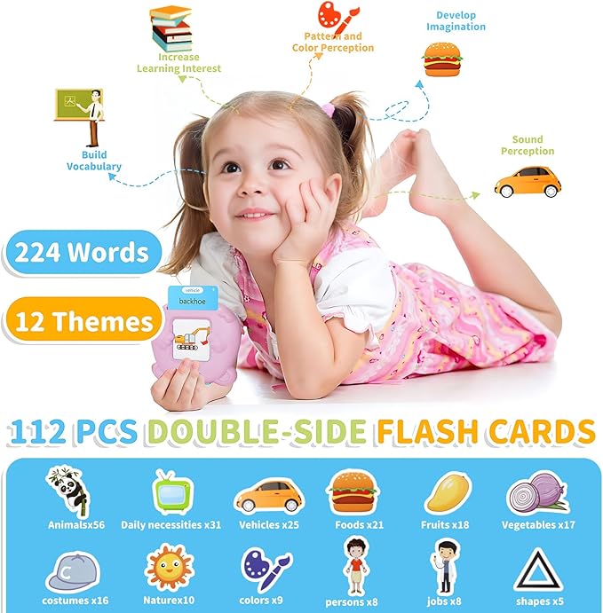 Kids Toddler Talking Flash Cards with 224 Sight Words,Montessori Toys,Speech Therapy,Autism Sensory Toys,Learning Educational Gifts for Age 2 3 4 5 Years Old Boys and Girls (Pink)