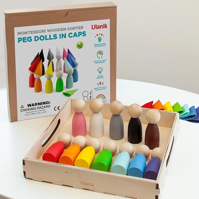Ulanik Large Peg Dolls with Hats Toddler Montessori Toys for 3 Year Old + Kids Wooden Waldorf Dolls for Learning Color Sorting and Counting — 12 Gnomes, 3.35 in