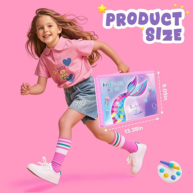 homicozy Art Supplies, Mermaid Drawing & Coloring Set with Crayons, Colored Pencils, Markers, Sketchbook, Watercolor Cakes, Stencils, Arts and Crafts Painting Kit for Kids Ages 4-10, Girls Boys Gift
