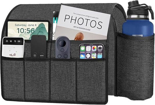 Ntomtuex Sofa Armchair Caddy Remote Control Holder with Water Bottle for Couch Recliner, Armrest Organizer with 7-Pocket Design for Magazines, Eyeglasses, iPad, Phone, Grey