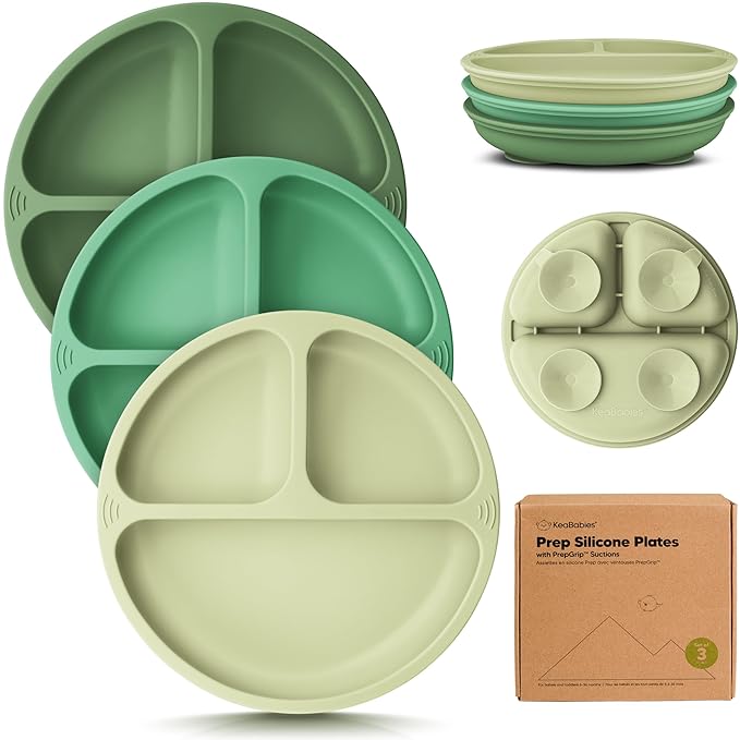 KeaBabies Suction Plates for Baby, Toddler - 3-Pack 100% Silicone Toddler Plates, Divided Baby Plates with Suction, Silicone Plates for Baby, Kids, BPA-Free, Microwave, Dishwasher Safe (Forest)
