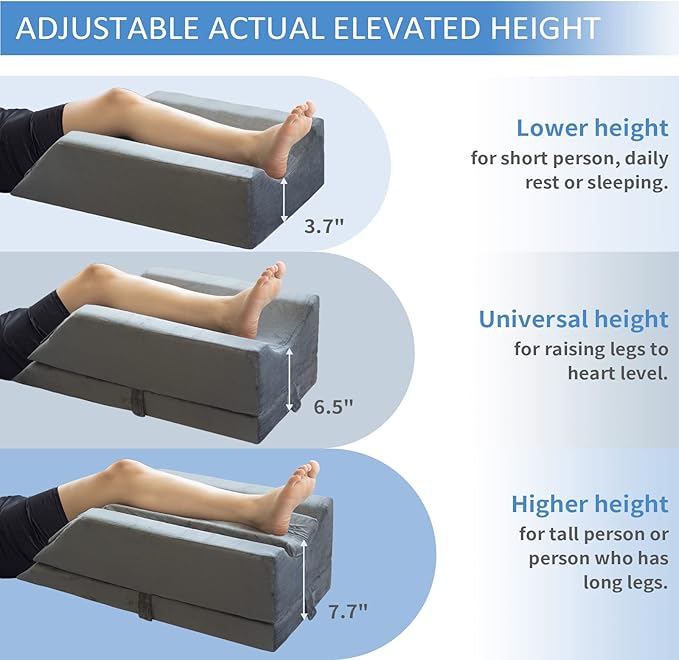 KingPavonini 4-Height Adjustable Leg Elevation Pillows for After Surgery, Injuries, or Rest, Memory Foam Leg Pillows for Sleeping with 3 Handles and Insert Pad, Washable Velvet Cover