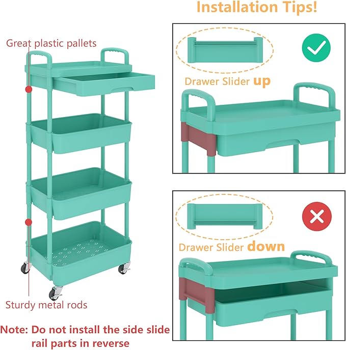 Calmootey 4-Tier Rolling Utility Cart with Drawer,Multifunctional Storage Organizer with Plastic Shelf & Metal Wheel,Storage Cart for Kitchen,Bathroom,Living Room,Office,Green