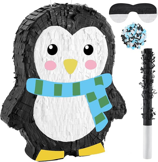 Lewtemi 15.1 Inch Penguin Piñata Winter Penguin Party Supplies Candy Animal Piñata with Stick Confetti and Blindfold Gift for Boy Girl Adult Winter Theme Birthday Party Supplies Decorations(Classic)