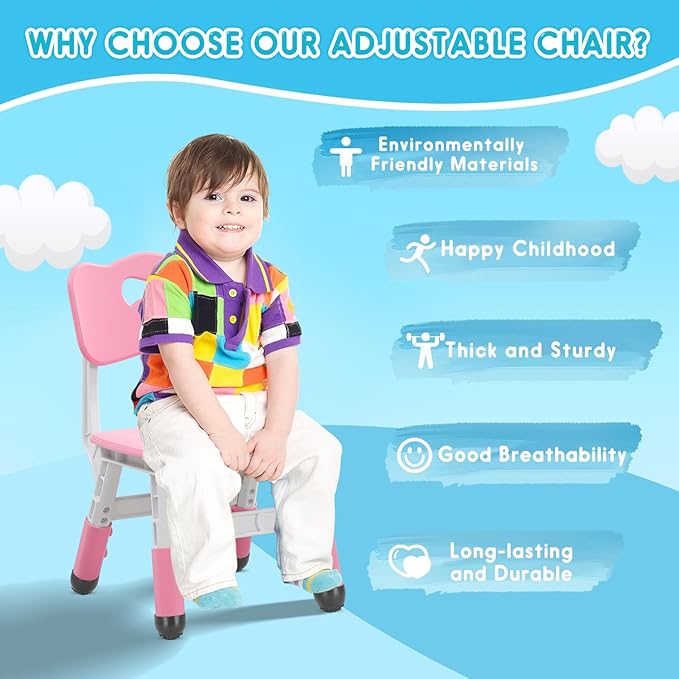 Kids Chair Height Adjustable Toddler Chair Max Load 220LBS Plastic Indoor Outdoor Chair for Children Age 1-6 School Home Daycare Use Pink