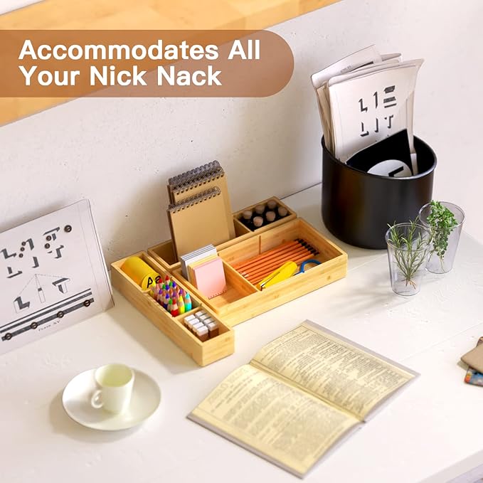 DUJEN Bamboo Drawer Organizer 12.5'' X 12.5'' X 2'', Adjustable 3 Individual Junk Drawer organizer for Bathroom and Kitchen, Wood Drawer Tea Organier Boxes for Silverware, Make up and Tea Bag