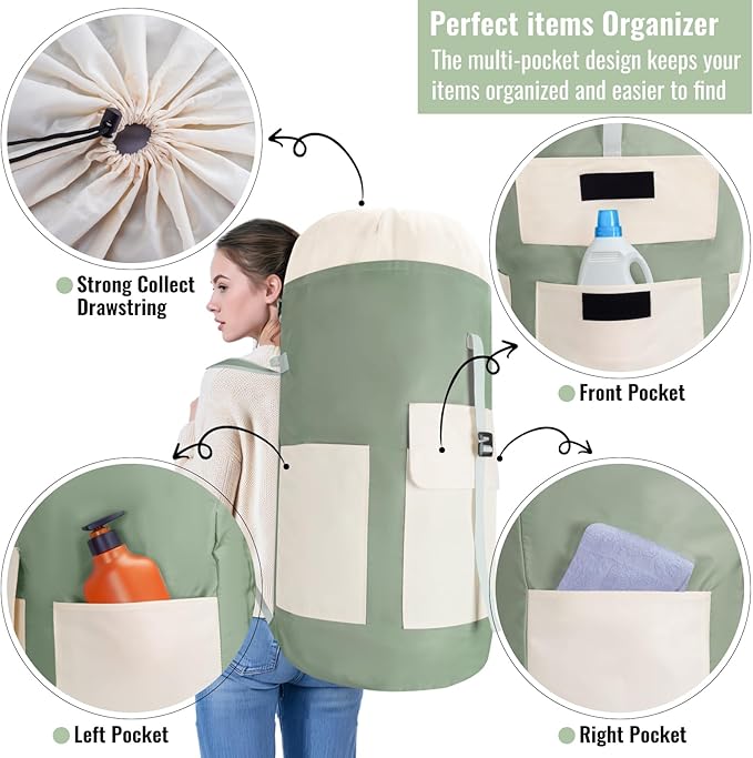 JOINPRO Laundry Bag Backpack, 125L Extra Large Travel with Shoulder Straps, Adjustable & Extendable Design, Laundry Hamper Bag with 3 Pockets for Laundromat, College, Travel, Camping (Green)