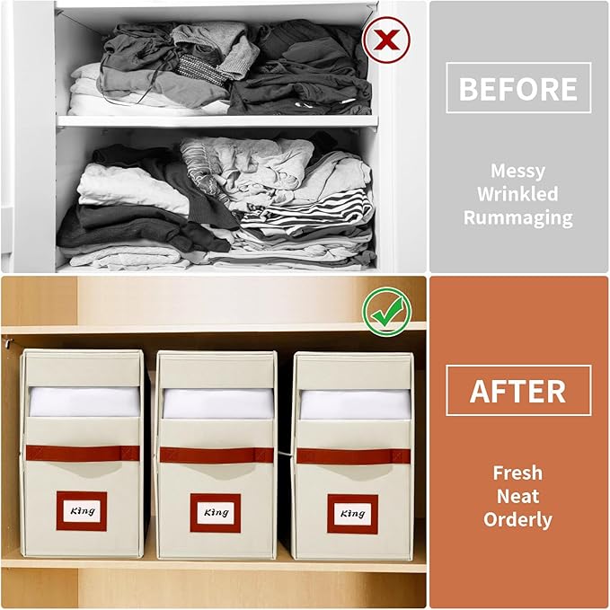 4 Pack Large Bed Sheet Organizer, Foldable King Queen Sheet Organizers and Storage with Oxford Fabric, Clear PVC Window & Leather Handle – Sheet Storage Set for Blankets, Duvet Cover Set