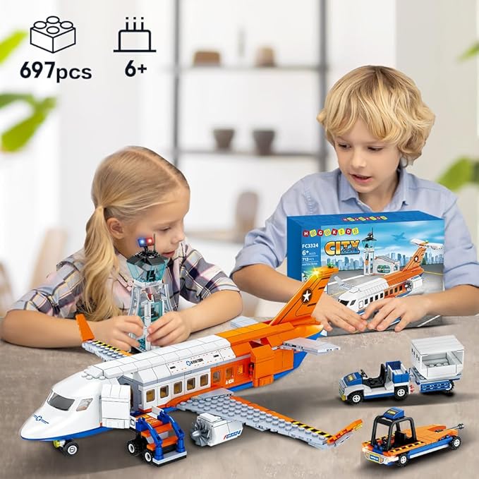 HOGOKIDS City Passenger Airplane Building Set - 711 PCS STEM 3 in 1 Airport Passenger Plane Building Block Toy with Baggage Truck Radar Tower Shuttle Bus for Boys Girls Kids Adults 6 7 8 9+ Years Old