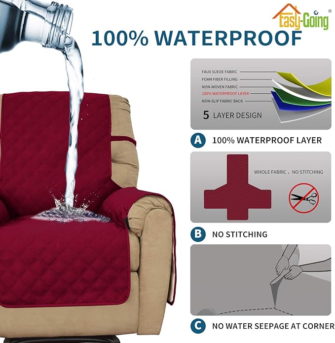 Easy-Going Sofa Slipcover Waterproof Recliner Chair Cover Non-Slip Fabric Couch Cover for Living Room Washable Furniture Protector for Pets Kids Children Dog Cat (Recliner, Wine)