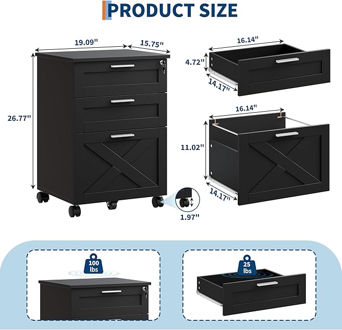 3-Drawer Rolling File Cabinet with Lock - Wooden Mobile Filing Cabinet for Home Office, Under Desk Storage Organizer fits Letter/A4/Legal Size, Sturdy Printer Stand with Locking Casters, Black