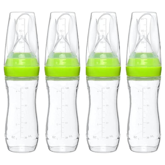 – Baby Food Dispensing Spoon – Mess-Free Feeding – Silicone Baby Food Dispenser for 4+ Months – Precise Food-Release Bottle Spoon Feeder – Straining Baby Squeeze Spoon (Green, 4 Pack)