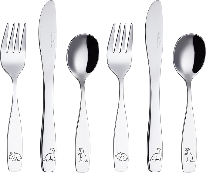 Exzact Kids Flatware 6 Pieces Stainless Steel Children Silverware 2 x Forks, 2 x Knives, 2 x Spoons,Toddler Utensils, Dishwasher Safe, 24 Months+ (Dinosaurs Engraved)