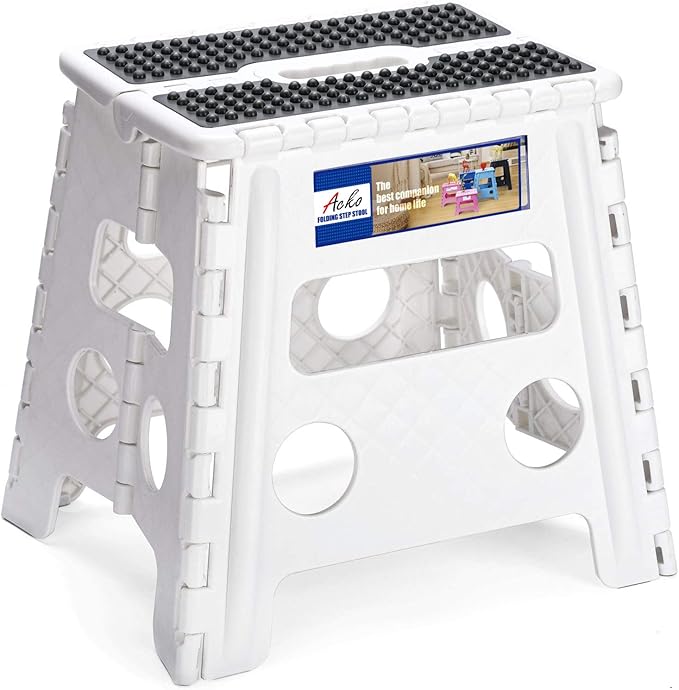 ACKO Folding Step Stool - 13" Height Premium Heavy Duty Step Stools for Adults and Kids, Upgrade Step Stool Kitchen Garden Bathroom Stepping Stool (White)