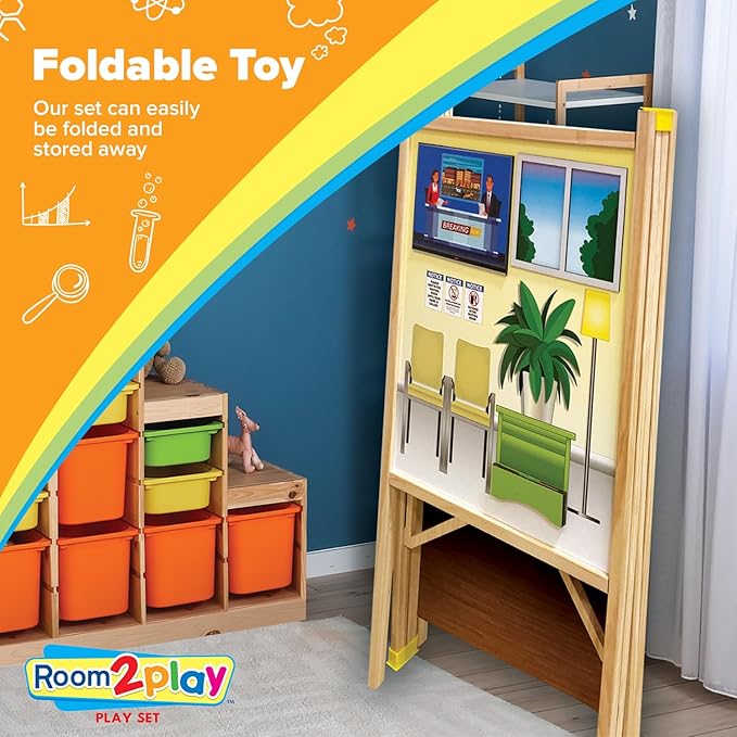 Large Kids Pretend Play Set for Toddlers Ages 3+ Years –Wooden Toy Playset Folds Away for Easy Storage with 20 Fun & Interactive Pieces (Doctor's Office)