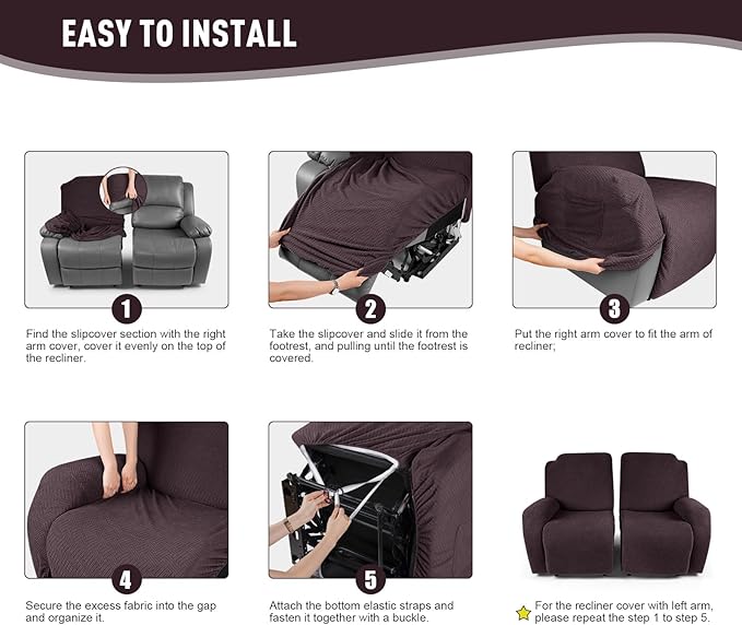 KinCam Recliner Covers, Stretch Reclining Chair Covers, Recliner Sofa Slipcovers Stripe Jacquard Recliner Couch Covers Furniture Protector Covers for Pet Kid (2 Seater, Chocolate)