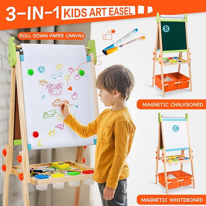 Kids Easel Including 100+ Accessories, Rundad Double Sided Wooden Easel for Kids Age 3-8 with Magnetic Chalkboard & Painting Board, Free Height Adjustable Art Easel Supplies for Toddlers