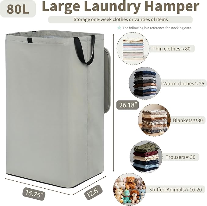 80L Large Laundry Hamper with Lid, Foldable Laundry Bag for Washing Machine with Removable Inner Bag, Dirty Hampers for Bedroom, Bathroom,Laundry Room, College (Grey)