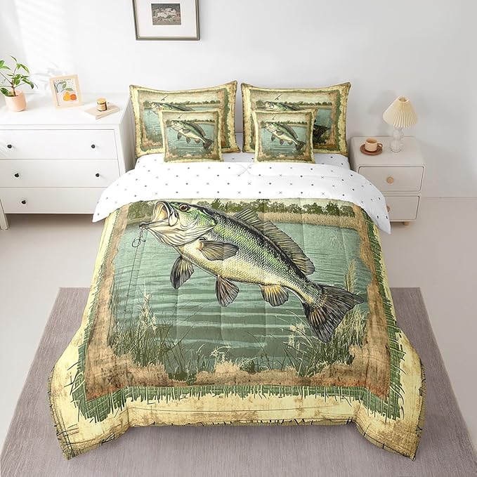 Feelyou Kids Fishing and Hunting 7 Piece Bedding Set King Size Pike Fish Bed in a Bag for Boys Bedroom Decor Bass Big Fish Comforter Set with Sheets,Pillowcases & Pillow Covers Vintage Soft